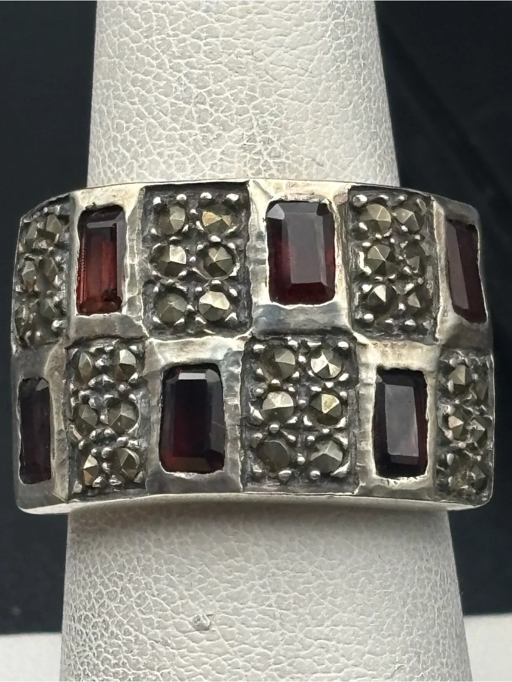 Sterling Silver Garnet & Marcasite Grid Band Ring - Red